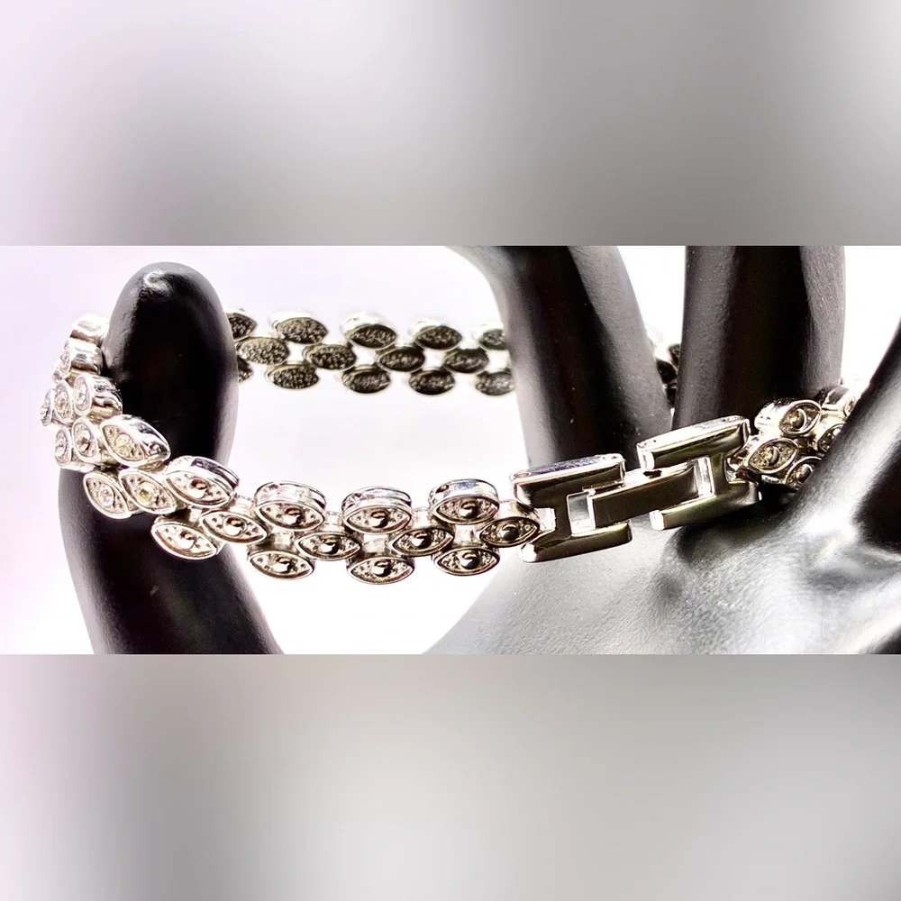 Vintage 3 Tier Marcasite & Cubic Zirconia Tennis Bracelet 7.5” Inches